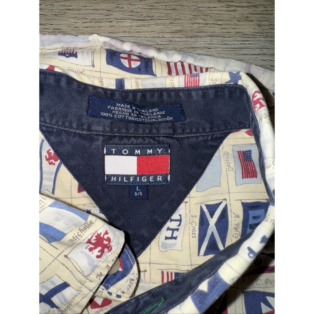 VTG Tommy Hilfiger Shirt Mens Large  Yellow Sailing Flags Button Front Oversized - Picture 3 of 7